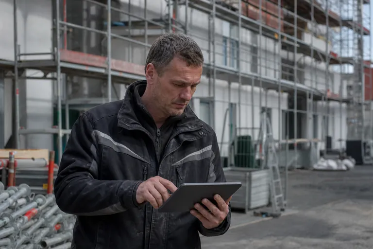 Gerüstbauleiter dokumentiert die Prüfung eines Fassadengerüsts auf einem Tablet