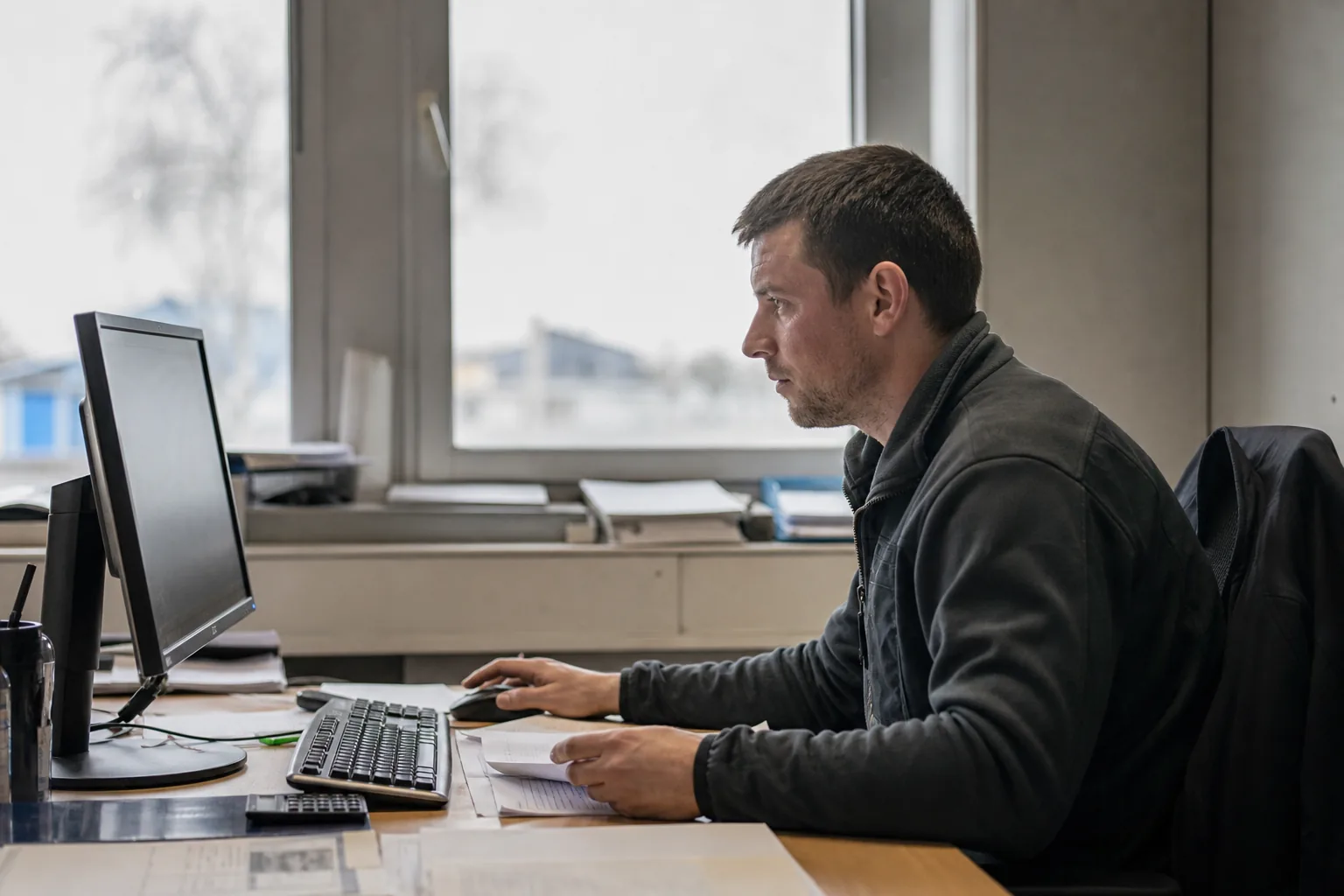 Mitarbeiter vergleicht Standzeitdaten einer Gerüstfläche mit einer Rechnung