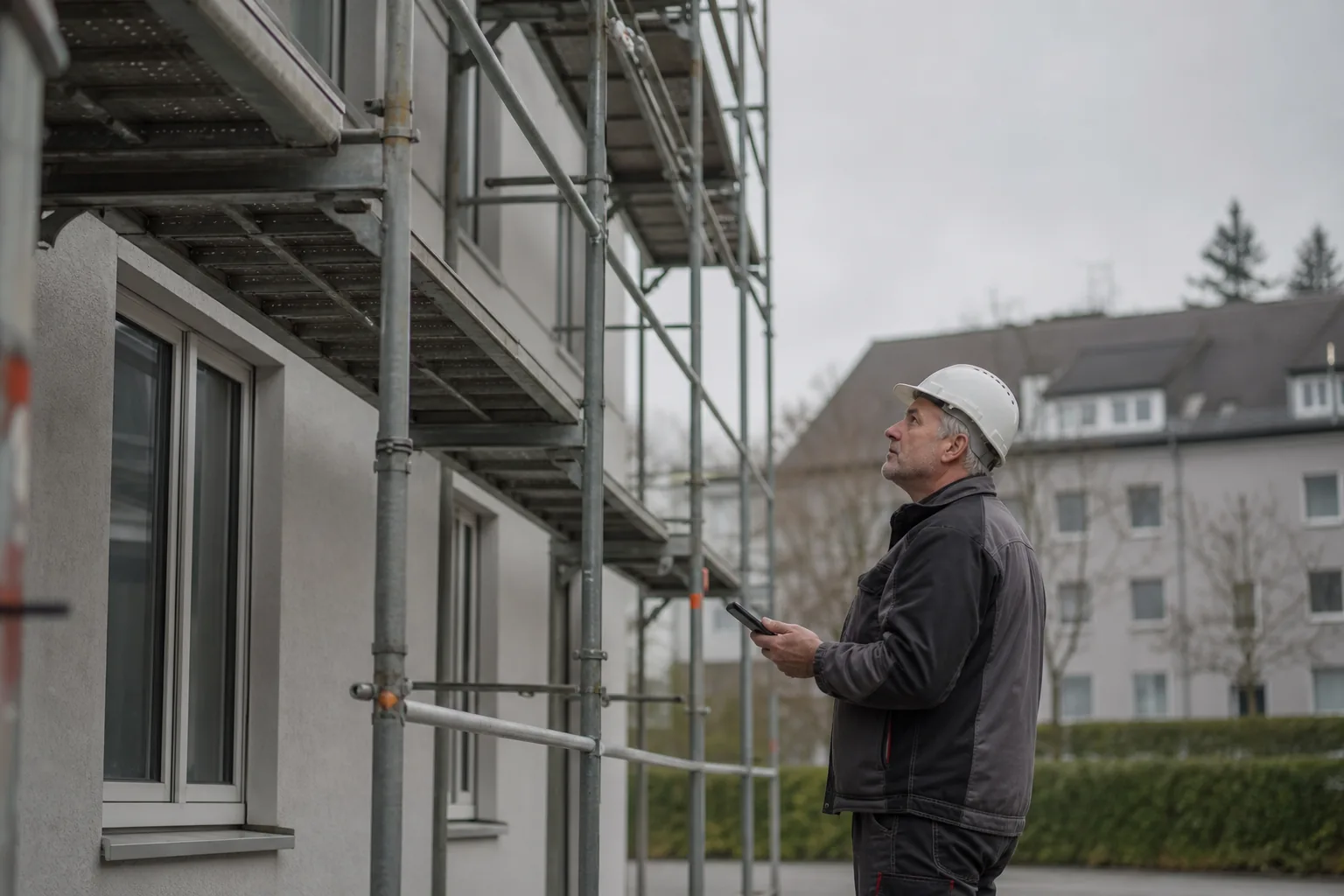 Gerüstbauer prüft ein Fassadengerüst an einem Mehrfamilienhaus